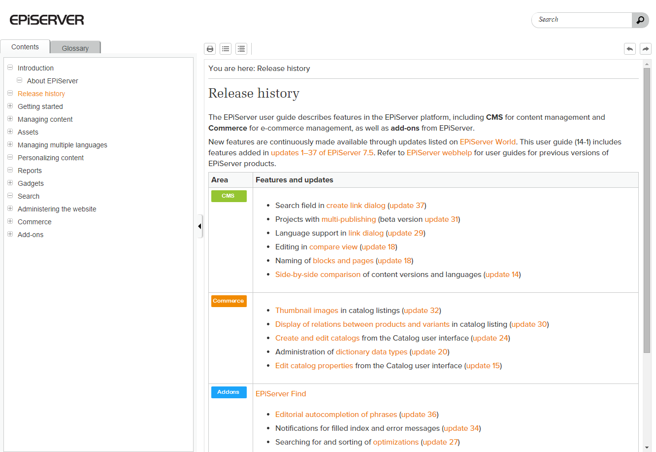 Image showing the version history of features described in EPiServer User Guide.