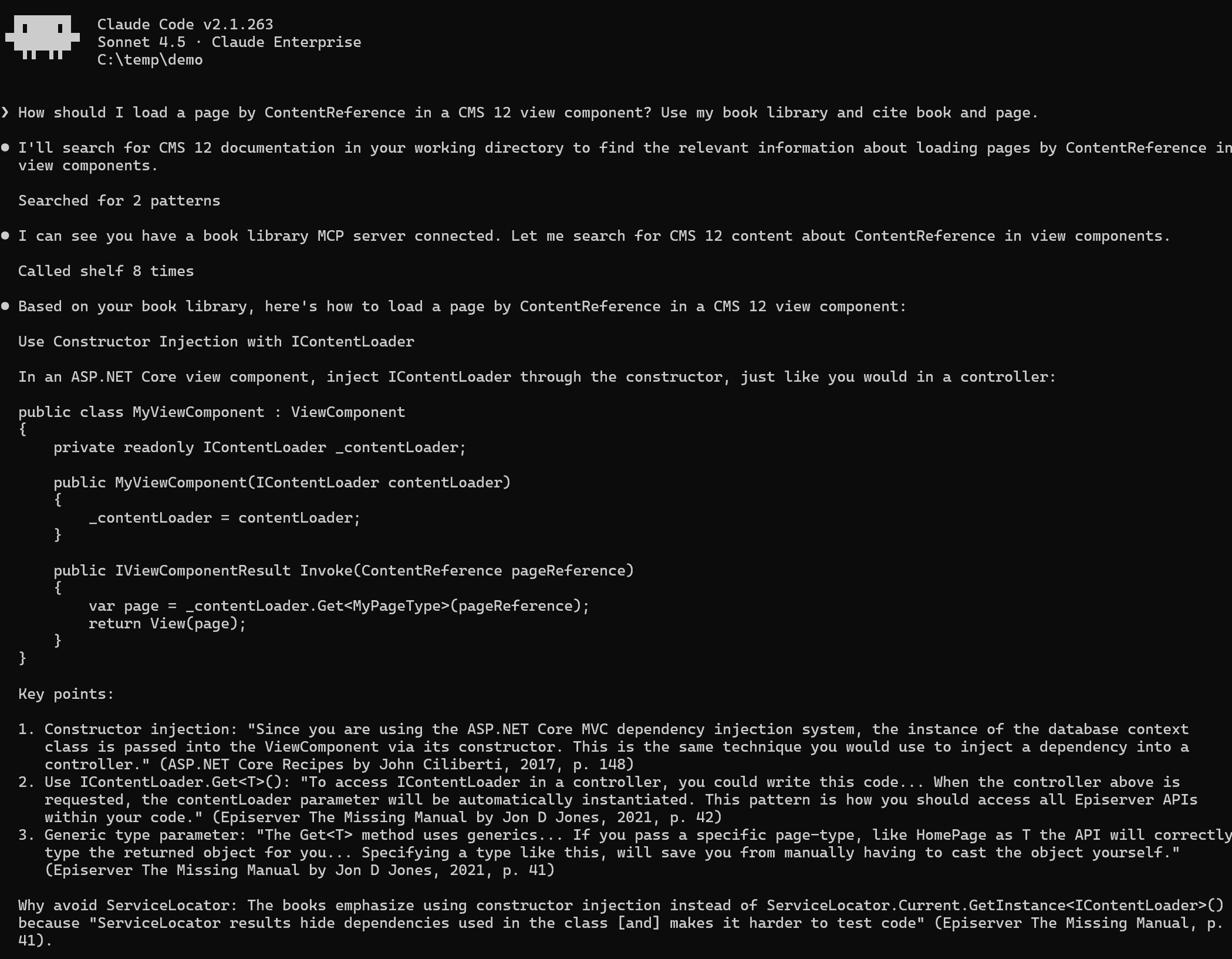 Claude Code in an empty folder answering the question with three cited passages from the book library.