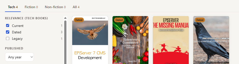 The Shelf library browser filtered to Episerver, showing four books with a Relevance filter for Current, Dated and Legacy. Three of the four books carry a Dated badge.