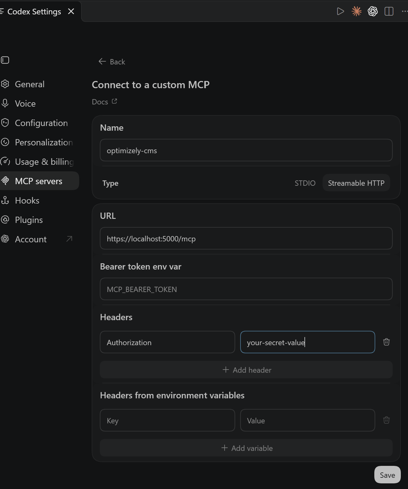Codex MCP server configuration