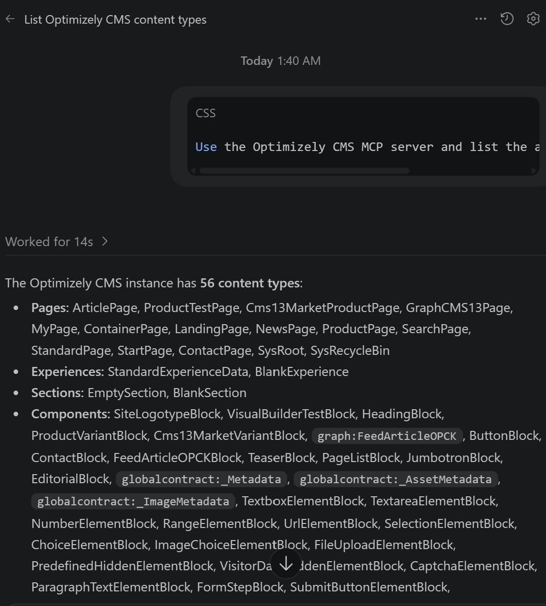 Codex discovering Optimizely CMS content types