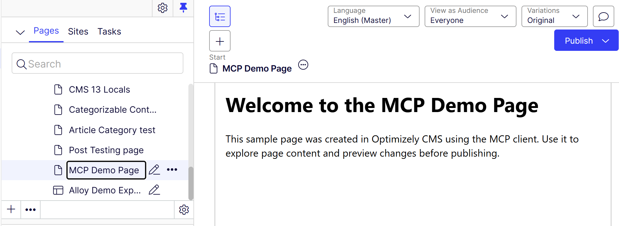 MCP Demo Page created in Optimizely CMS