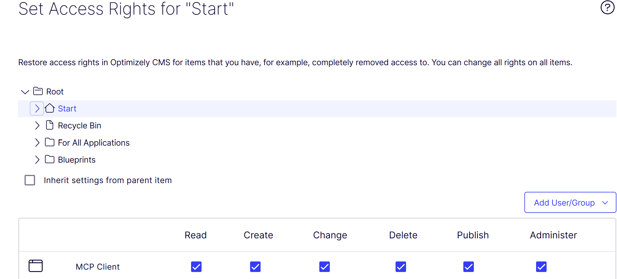 MCP Client permissions on the Start page