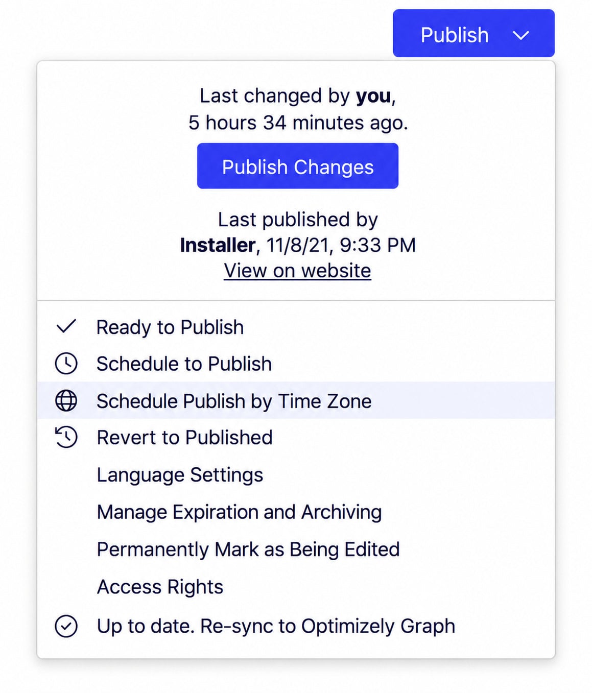 Optimizely CMS Publish menu showing the Schedule Publish by Time Zone command