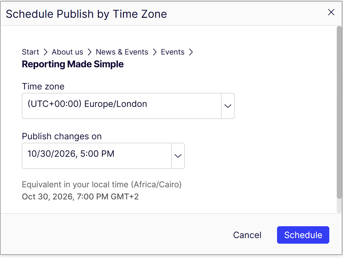 Time Zone Publishing dialog showing Europe/London and the equivalent local time in Africa/Cairo
