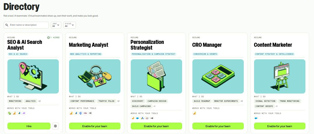 The Virtual Teammates directory in Mark. Each card is a "resume" with the jobs it does and the tools it works with.