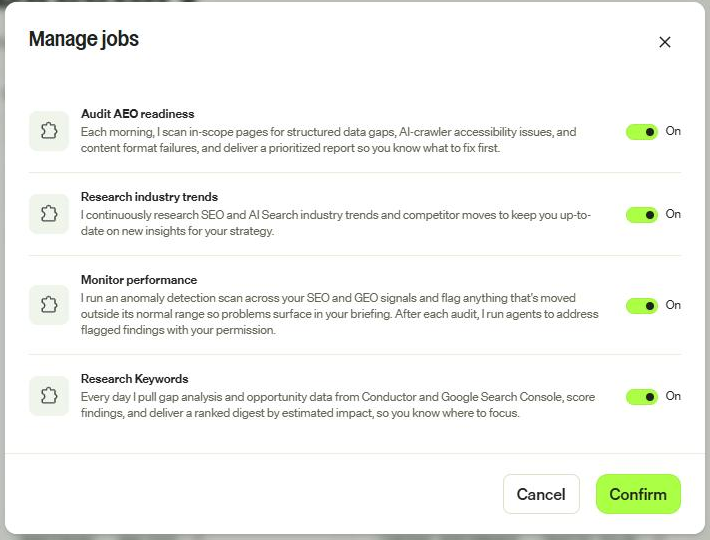 The SEO & AI Search Analyst's four jobs. Admins can switch any of them off for the whole organisation.
