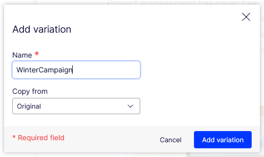 Add variation dialog with the name WinterCampaign entered and Copy from set to Original
