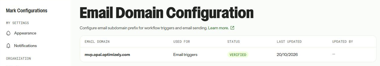 Settings > Email Domain. The verified domain is where each teammate's mailbox lives.