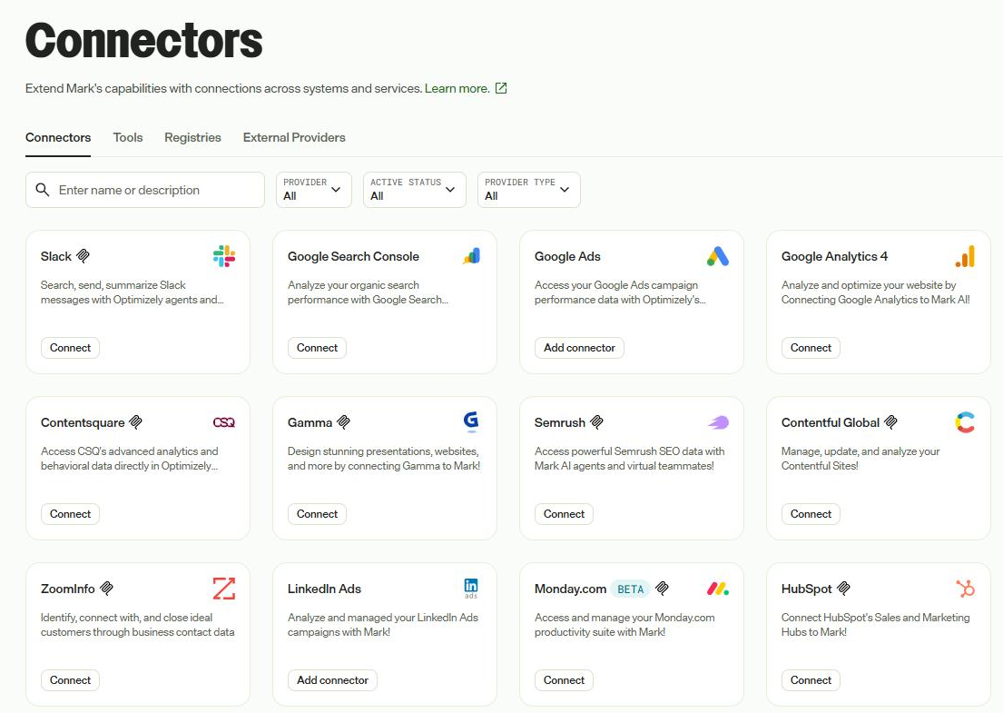 The Connectors page in Mark once both Google connectors were registered.