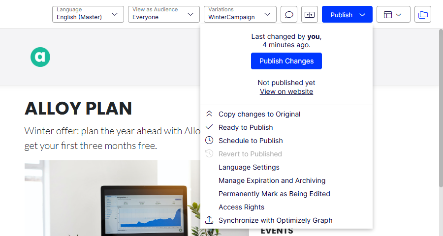Publish menu on the WinterCampaign variation, including Copy changes to Original