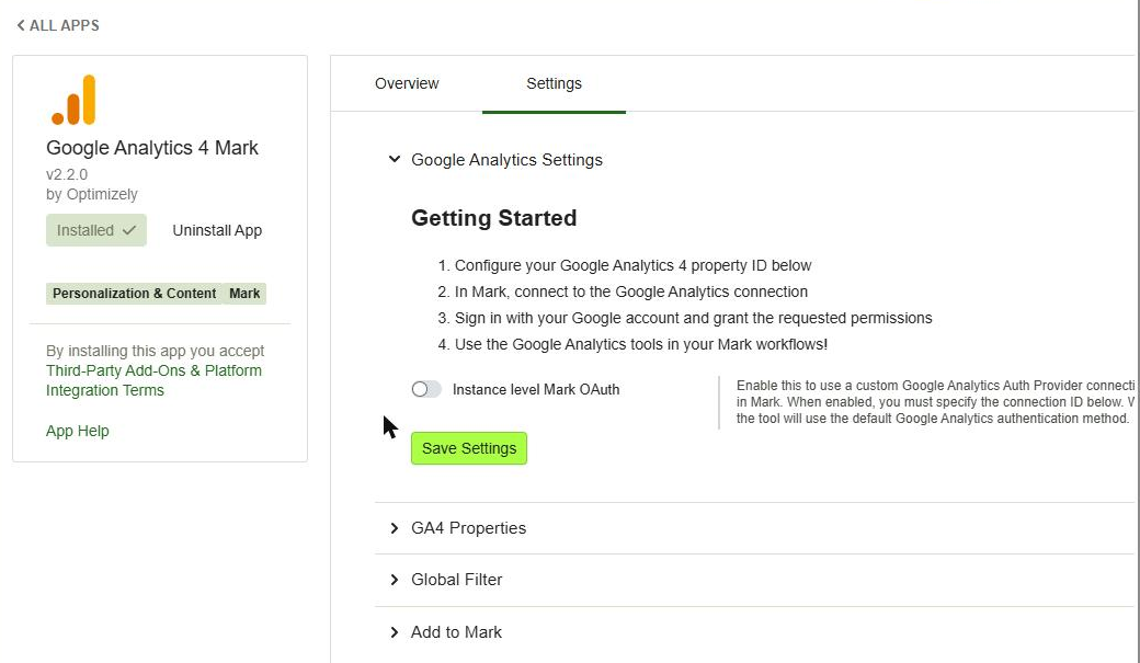 The GA4 Mark app settings. The instance-level OAuth toggle is off by default, so each person uses their own Google login.