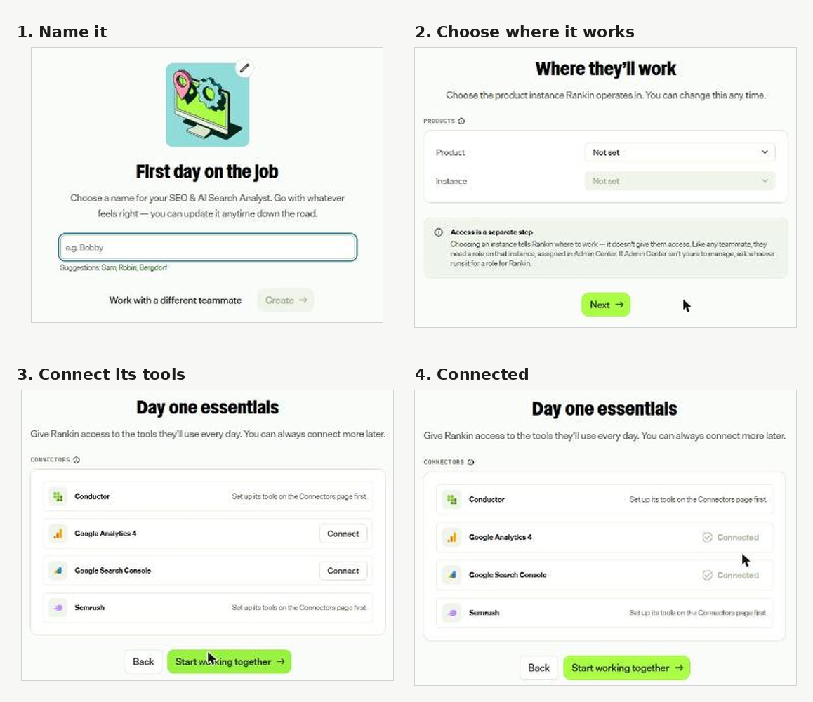 The hire wizard, from naming to connected tools.