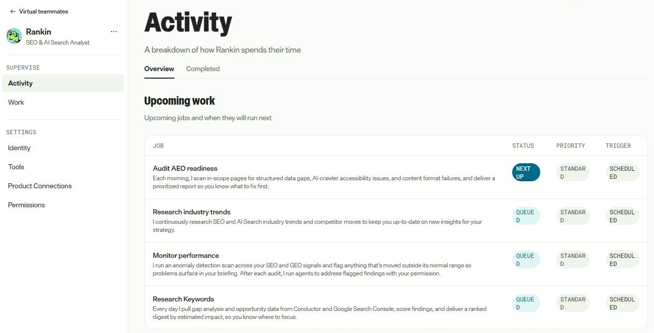 Activity. The four scheduled jobs are queued, with Audit AEO readiness next up.