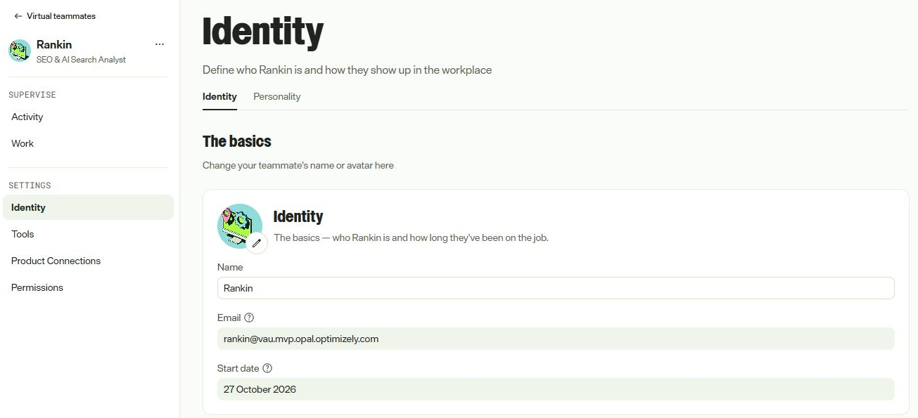 Identity: name, email and start date.