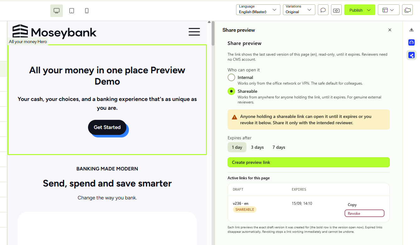 The Share preview panel in the CMS editor sidebar