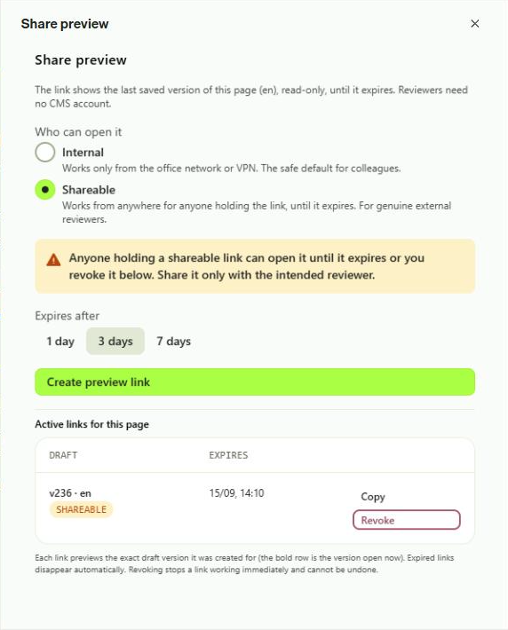 Share preview panel showing the Active links table with version, scope, expiry, copy and revoke