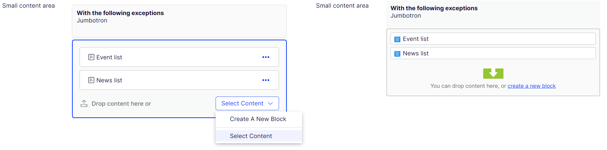 Creating and selecting content in 12.7.0 (left) and 12.2.0 (right)