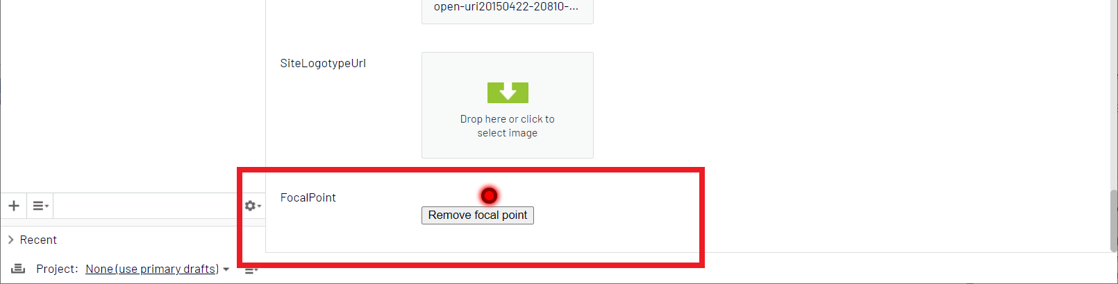 Screenshot of the focal point field not showing an image picker